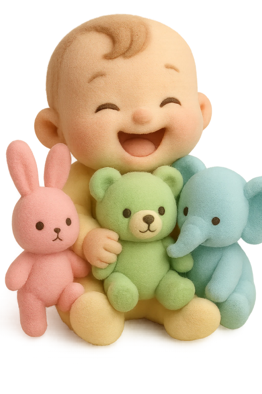 Make the toys much brighter and more vivid while keeping the baby cute and playful, pastel style, no background. emoji