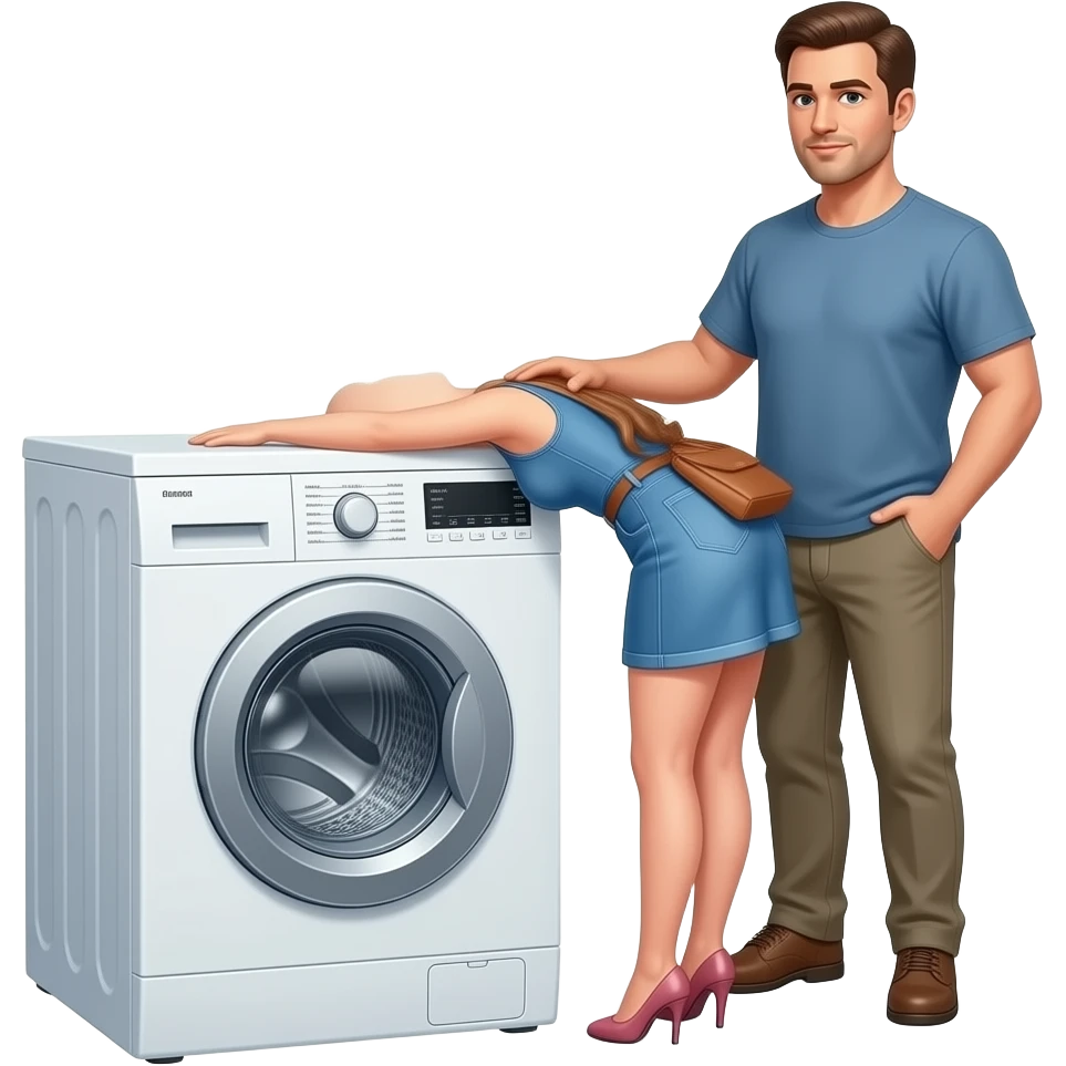 Un homme derrière une femme qui c'est bloqué juste la tête dans une machine a laver et le reste du corps devant la machine a laver que la femme face un 180 defres et que l'homme sortant son penis emoji