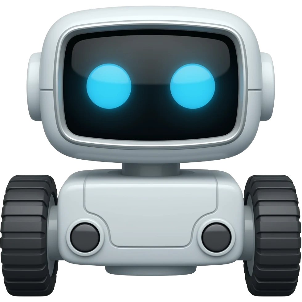 Solid rectangle robotic with 4 wheels with 2 blue circles as the eyes showing in the display emoji