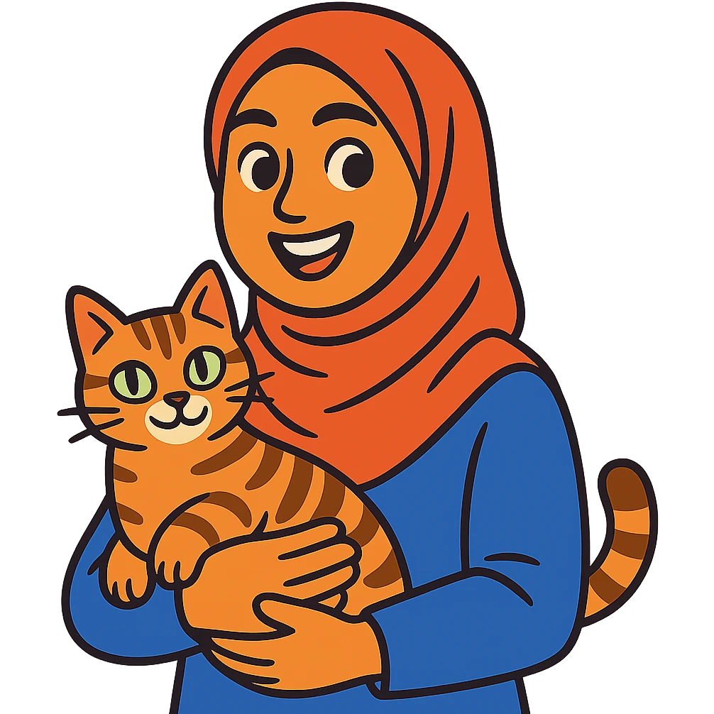 modern plain pashmina hijab woman holding a tabby cat, colorful cartoon style, happy expression emoji