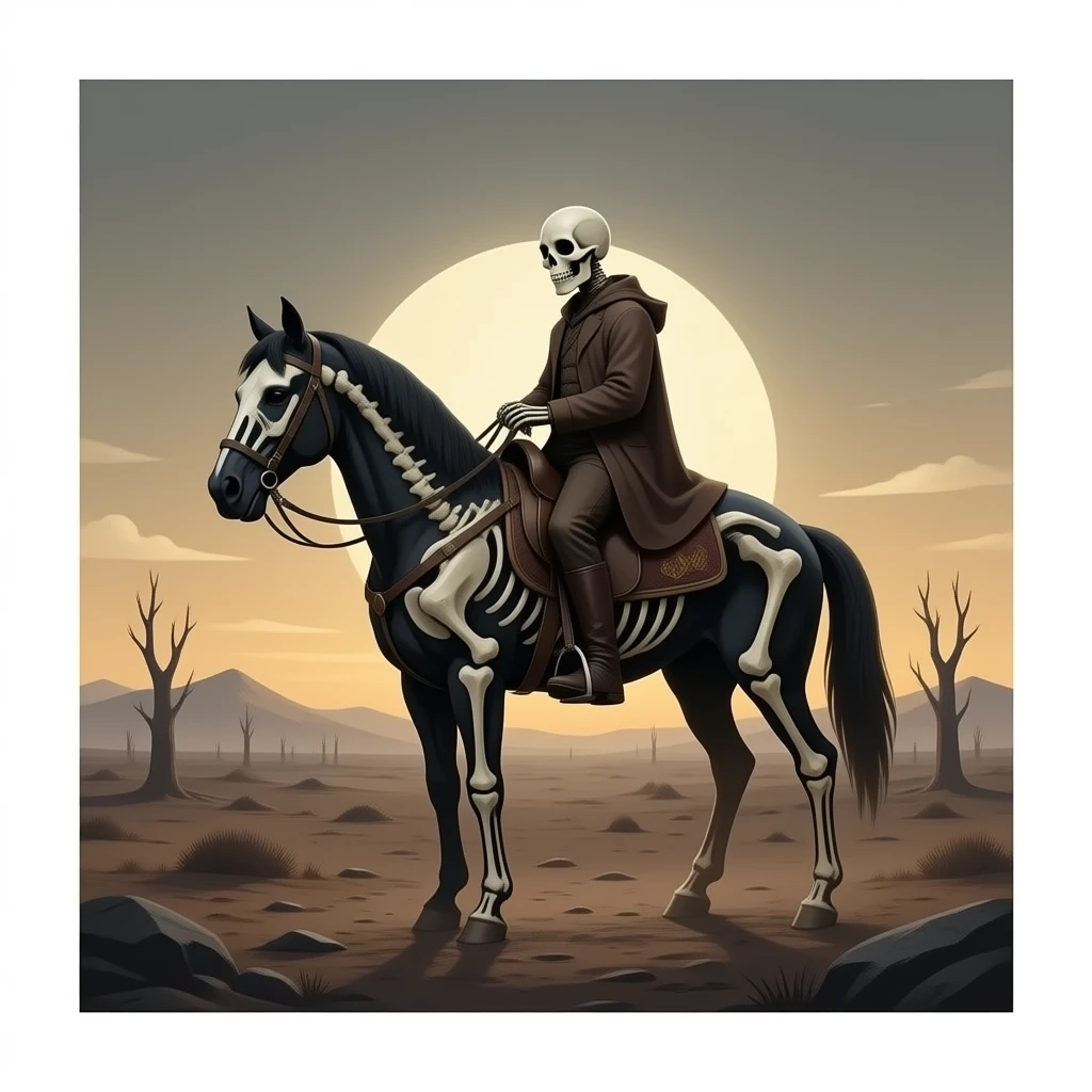 cinematic realistic -   riders of the Apocalypse, after a graphic by Albrecht Dürer in a desolate landscape on horse skeletons emoji