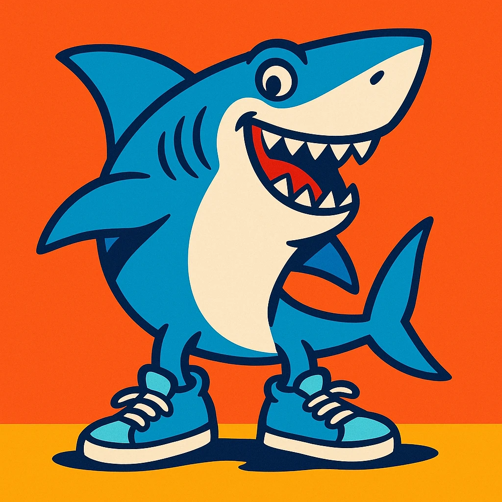 shark with light blue sneakers, funny illustration style, vibrant colors, playful emoji