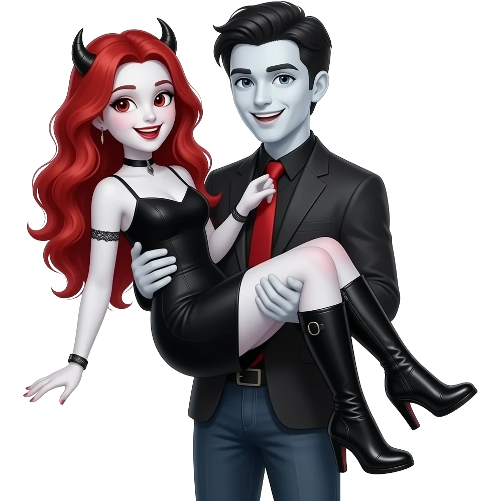 Vampiro femmina ADOLESCENTE con pelle bianca e capelli rosso ondulati lunghi che indossa un vestito corto nero e degli stivali lunghi neri con tacco che la tiene in braccio con il suo fidanzato FIDANZATO con la pelle bianca e sono felici emoji