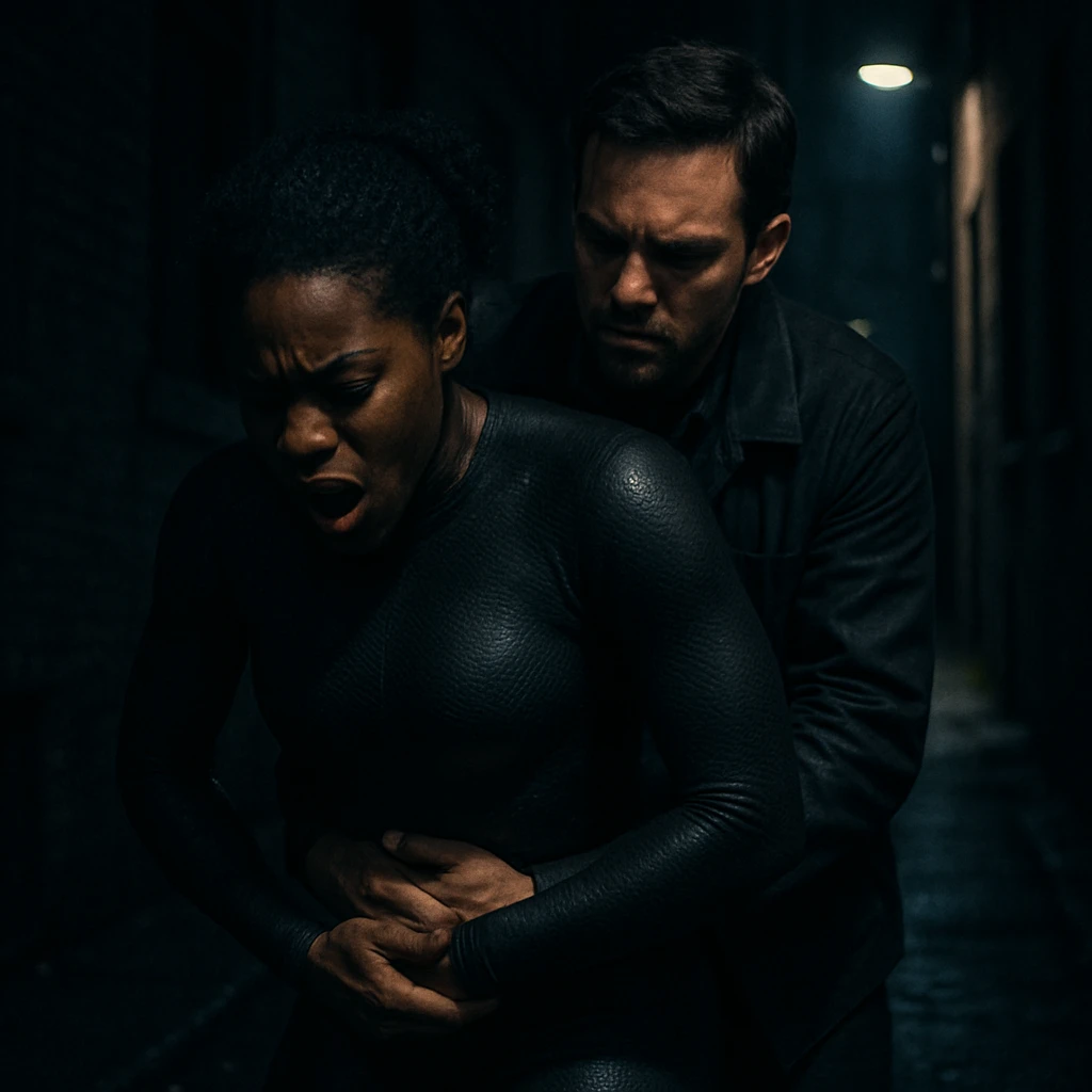 caught by a man performing a Heimlich maneuver on her in the dark alleyway, skintone thick skintight bodysuit, dark skin emoji