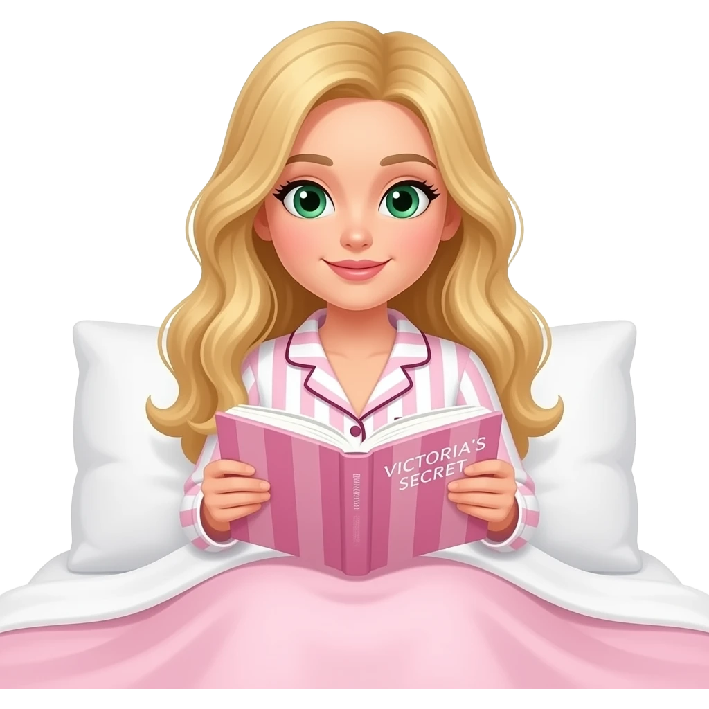 A blonde girl with long hair and green eyes, wearing white pajamas with pink stripes like the ones from Victoria's Secret, is reading a book in bed. emoji