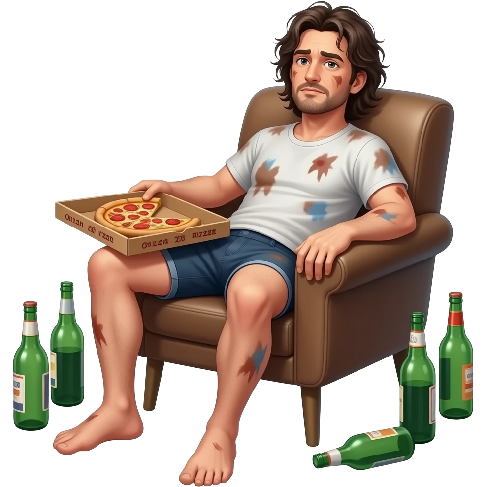 Erstelle ein emoji von einem ungepflegten Mann im schmutzigen tangtop und Unterhose, er sitzt faulenzen im Sessel und um ihn herum liegt Müll, wie eine Pizzaschachtel und leere Flaschen emoji