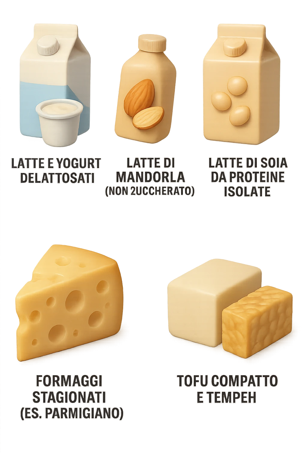 emoji stile iphone 3d di questi elementi che fluttuano in aria:

Latte e yogurt delattosati
Latte di mandorla (non zuccherato)
Latte di soia da proteine isolate
Formaggi stagionati (es. parmigiano)
Tofu compatto e tempeh
 che fluttuano in aria,  le etichette scrivile in italiano, iperealistico 4k emoji