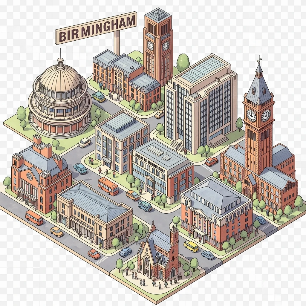 Isometric illustration of the Birmingham with iconic cities landmark, miniature slightly hand-drawn style, transparent background. emoji