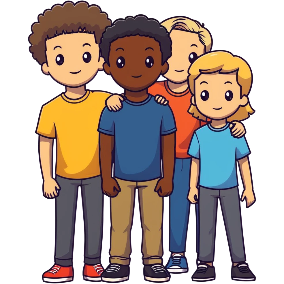 Group of diverse friends standing together, including a dark-skinned boy with straight hair, a light-skinned boy with straight blonde hair, a light-skinned girl with straight black hair, a mixed-race girl with straight brown hair, a light-skinned boy with wavy black hair, a mixed-race girl with dark curly hair, and in the center a light-skinned girl with wavy brown hair emoji