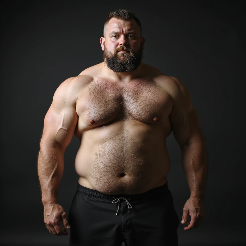 realistic 4K photo of a crossfit male athlete with muscular mass covered by fat, robust but poorly defined physique, relaxed posture, neutral lighting, gym background emoji