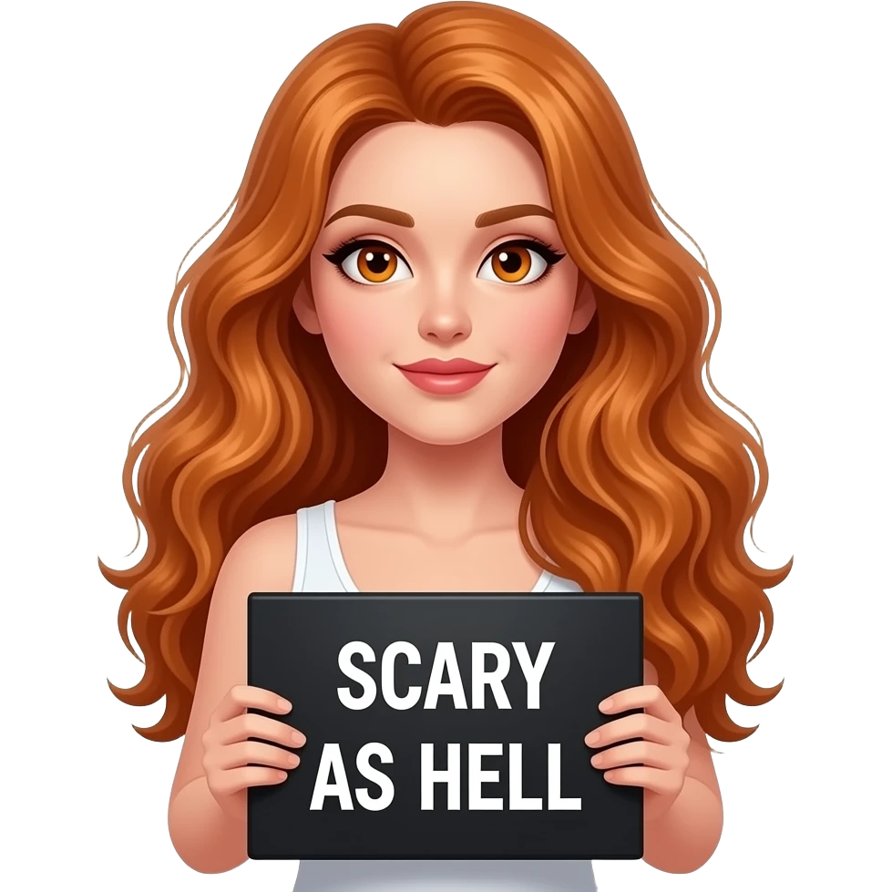 sexy girl with long wavy ginger hair and ginger eyes wearing a white tanktop is holding a black colored sign with SCARY AS HELL written on it emoji