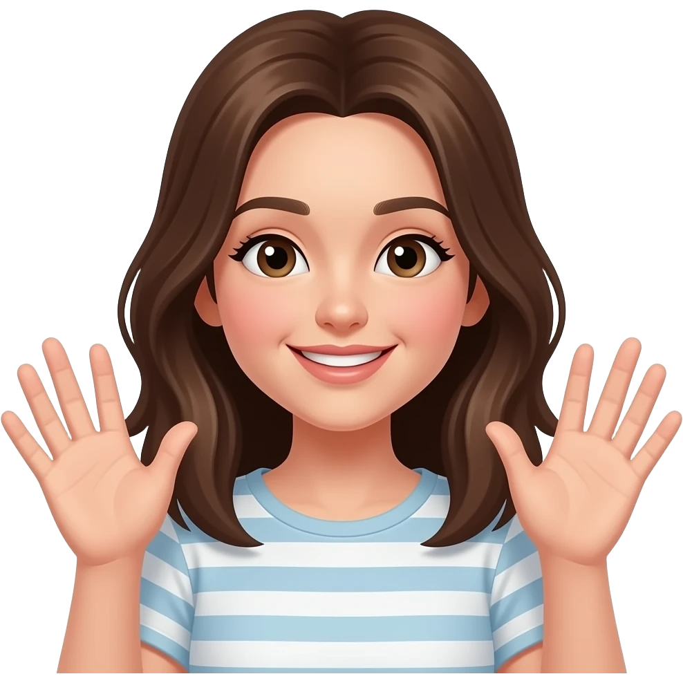 Make it girl with light skin but brown hair having her hands up and face expression being a flirtatious relax Palms up emoji