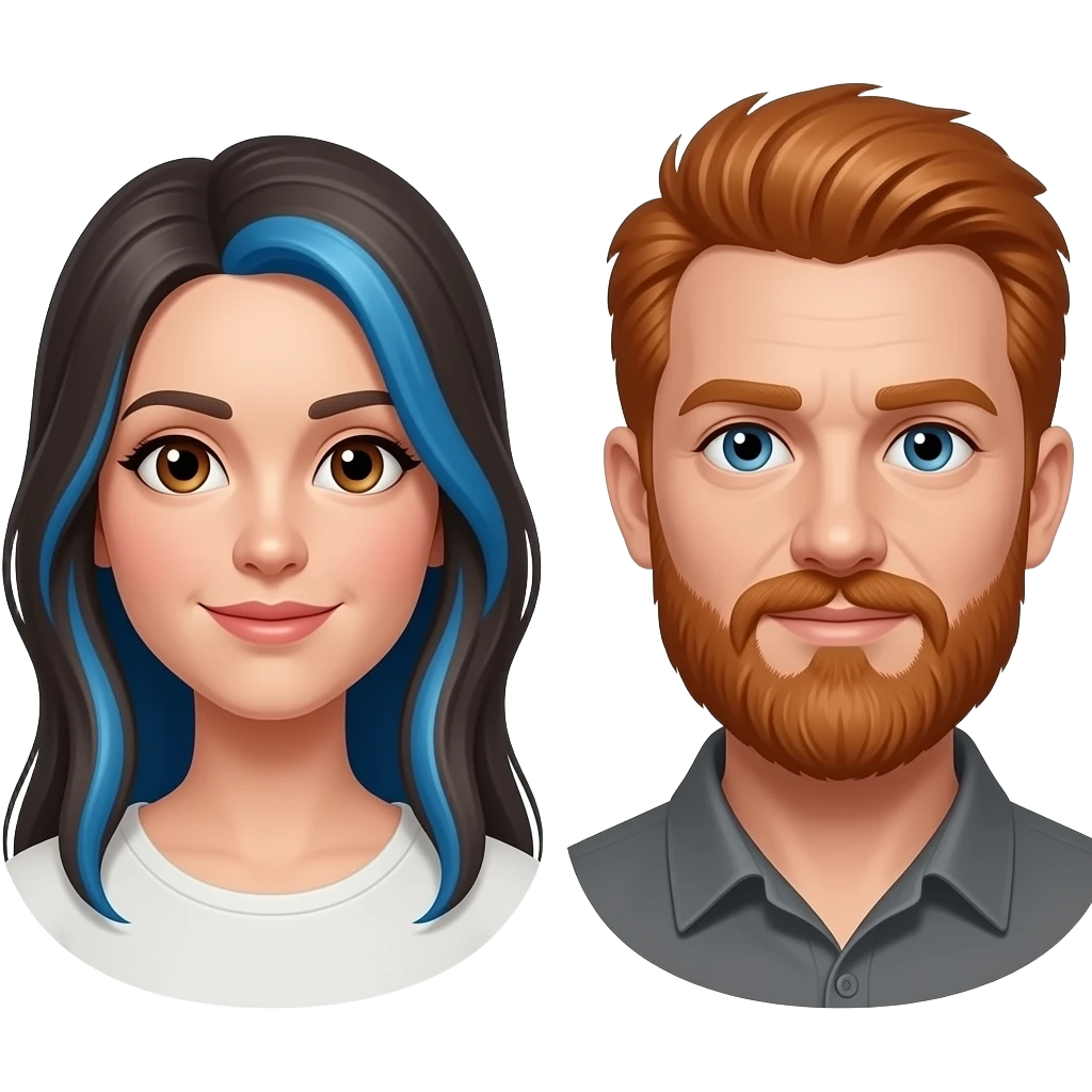 brown eye lady blue streaks in long hair  and red hair man grey beard emoji