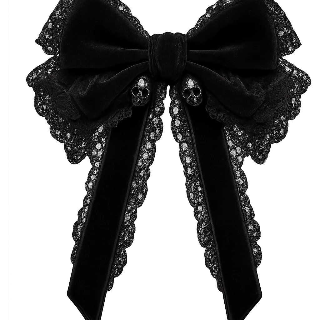 Edit the image to depict a black gothic bow with lace details, dark black accents, tiny skull charms, and black velvet ribbons. The background should be removed. Maintain a gothic style with intricate lace and velvet textures, emphasizing the dark and elegant aesthetic. emoji