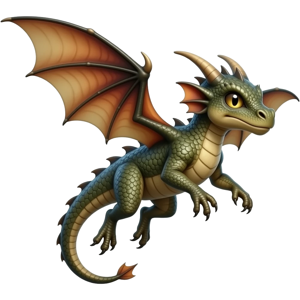 A tiny dragon with insect wings flying mid-air, detailed scales, glowing eyes, realistic lighting, fantasy but photorealistic emoji