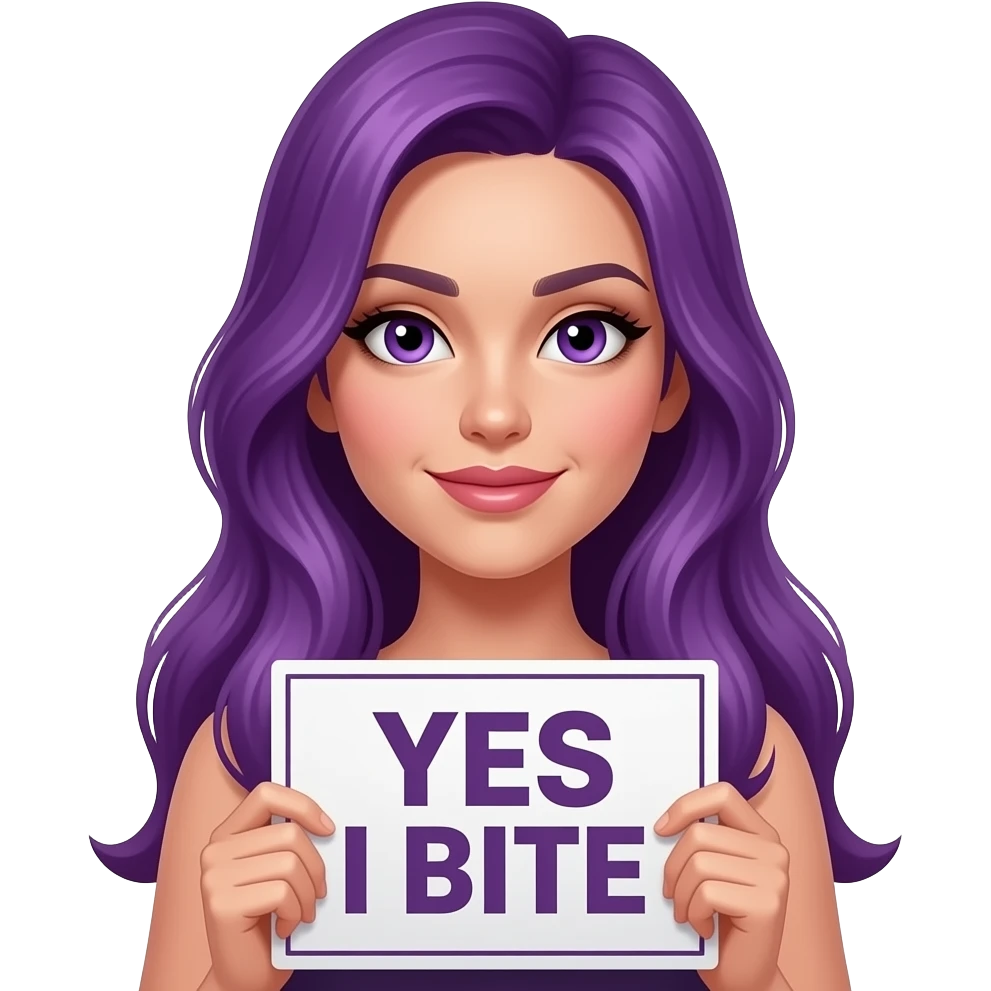 sexy girl with long purple hair and purple eyes holding a YES I BITE sign emoji