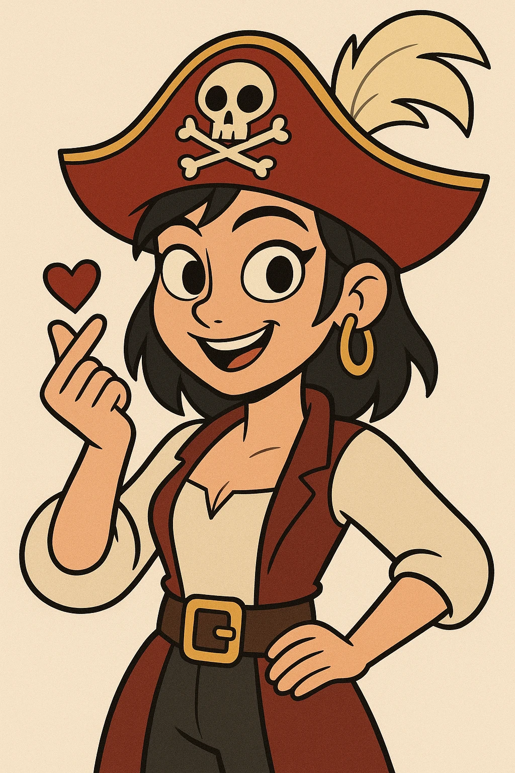 a girl pirate with black hair doing a Korean heart sign with her hands, cartoon style emoji
