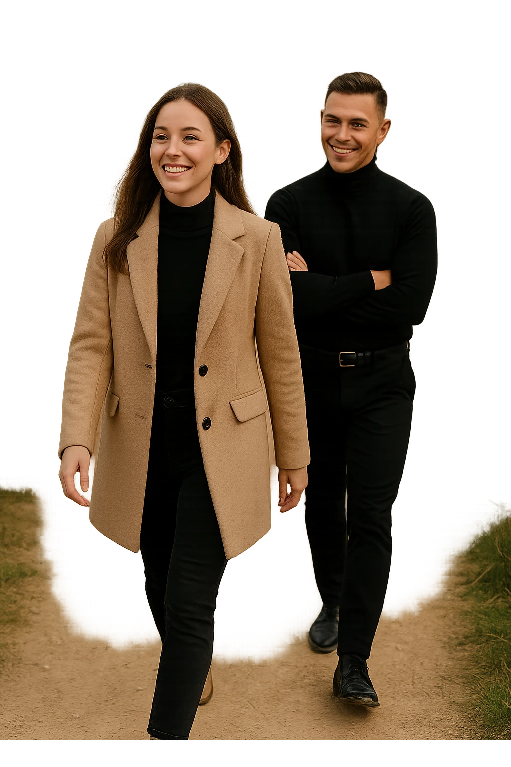 a man and a woman walk together along a winding path in a natural landscape. In one version, the woman leads confidently while the man follows a few steps behind, looking at lei con ammirazione. In un’altra versione, i ruoli sono invertiti, con l’uomo che guida e la donna che lo segue sorridendo. La scena trasmette l’idea che entrambi possano guidare o seguire, a seconda del momento. emoji