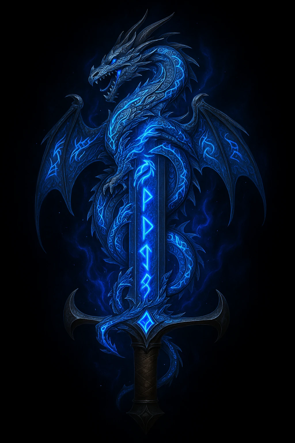 Add a dragon motif to the sword in a fantasy glowing runes style. The dragon design should be integrated on the hilt or blade, glowing with magical runes and fantasy elements. emoji