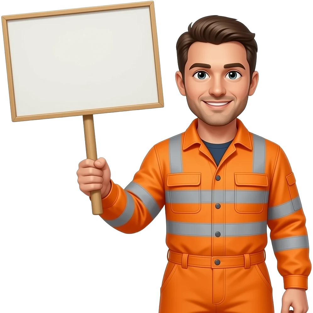 man standing in full orange hi-vis overalls with sleeves holding a sign emoji