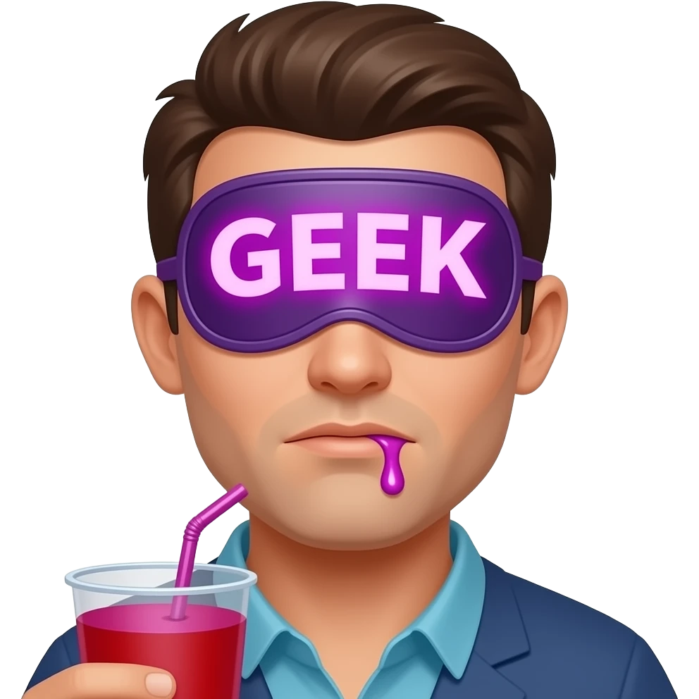 Give me a regular emoji with a sleeping mask that says "GEEK" and add neon purple drool to the corner of his half opened mouth and add a red plastic cup to his left with neon purple juice emoji