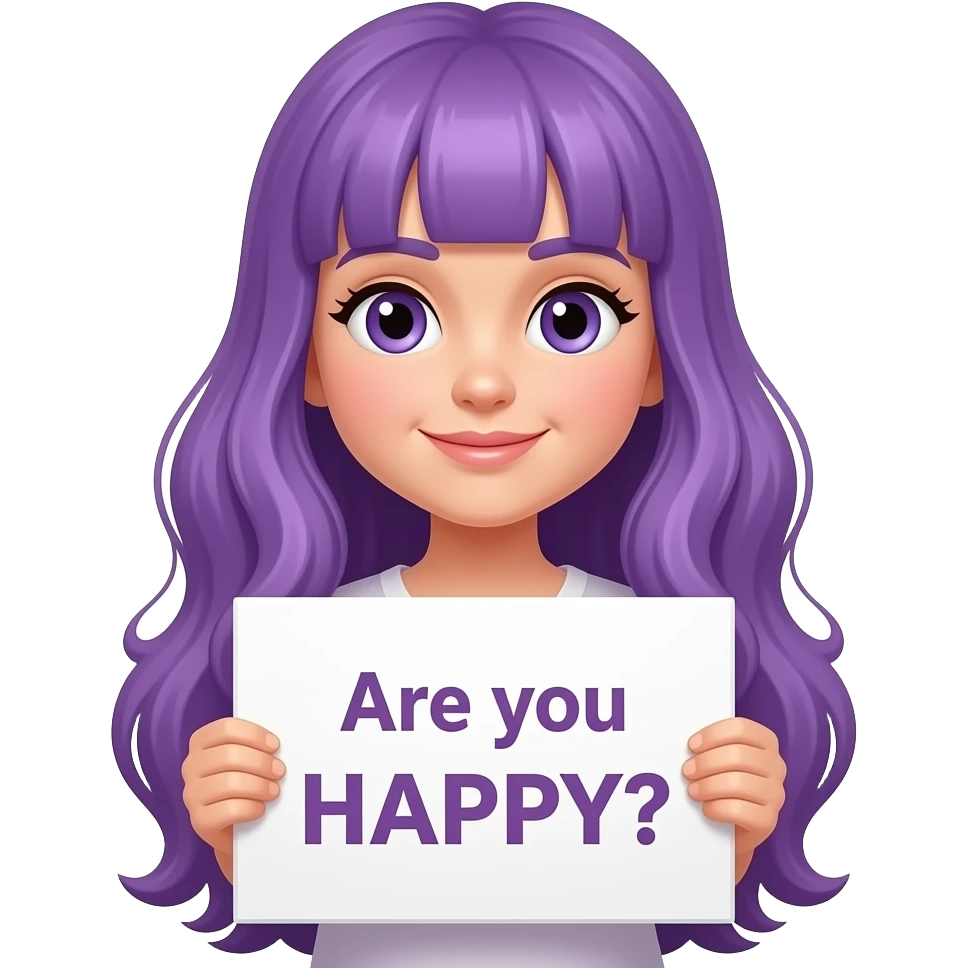 girl with long purple hair holding a Are you HAPPY? sign emoji