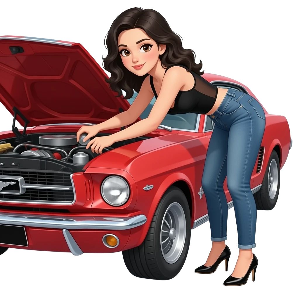 Pale girl with black wavy hair and brown eyes fixining the engine of a red ford mustang 1968 coupe. Girl wearing a sheer black sleeveless top, low rounded neckline, jeans and heels with visible toes. emoji