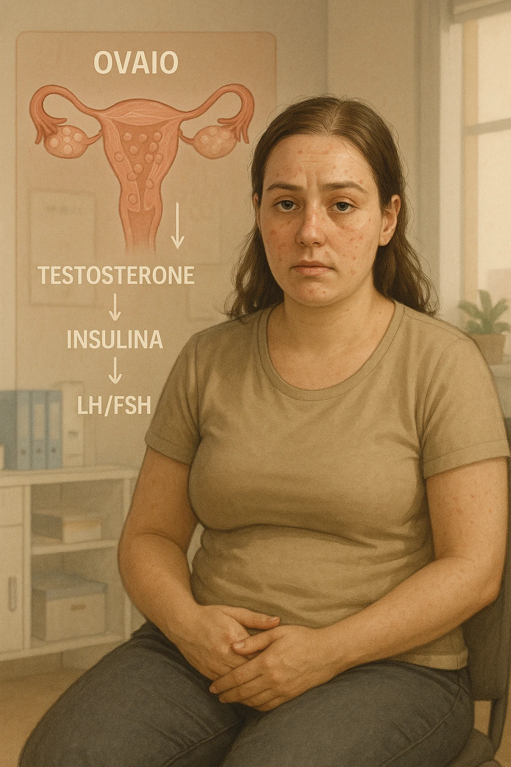 Donna tra i 25 e i 35 anni, con espressione stanca ma determinata, seduta in uno studio medico o nella sua stanza, con mani sul basso ventre. Sullo sfondo un diagramma trasparente o fluttuante di ovaie con cisti multiple, ormoni stilizzati in disequilibrio (testosterone, insulina, LH/FSH). Leggeri segni visivi di sintomi tipici: acne sul viso, lieve aumento di peso, capelli leggermente diradati in zona frontale. Ambiente realistico ma con elementi educativi e simbolici. Toni tenui ma caldi, stile empatico e informativo. in italiano emoji