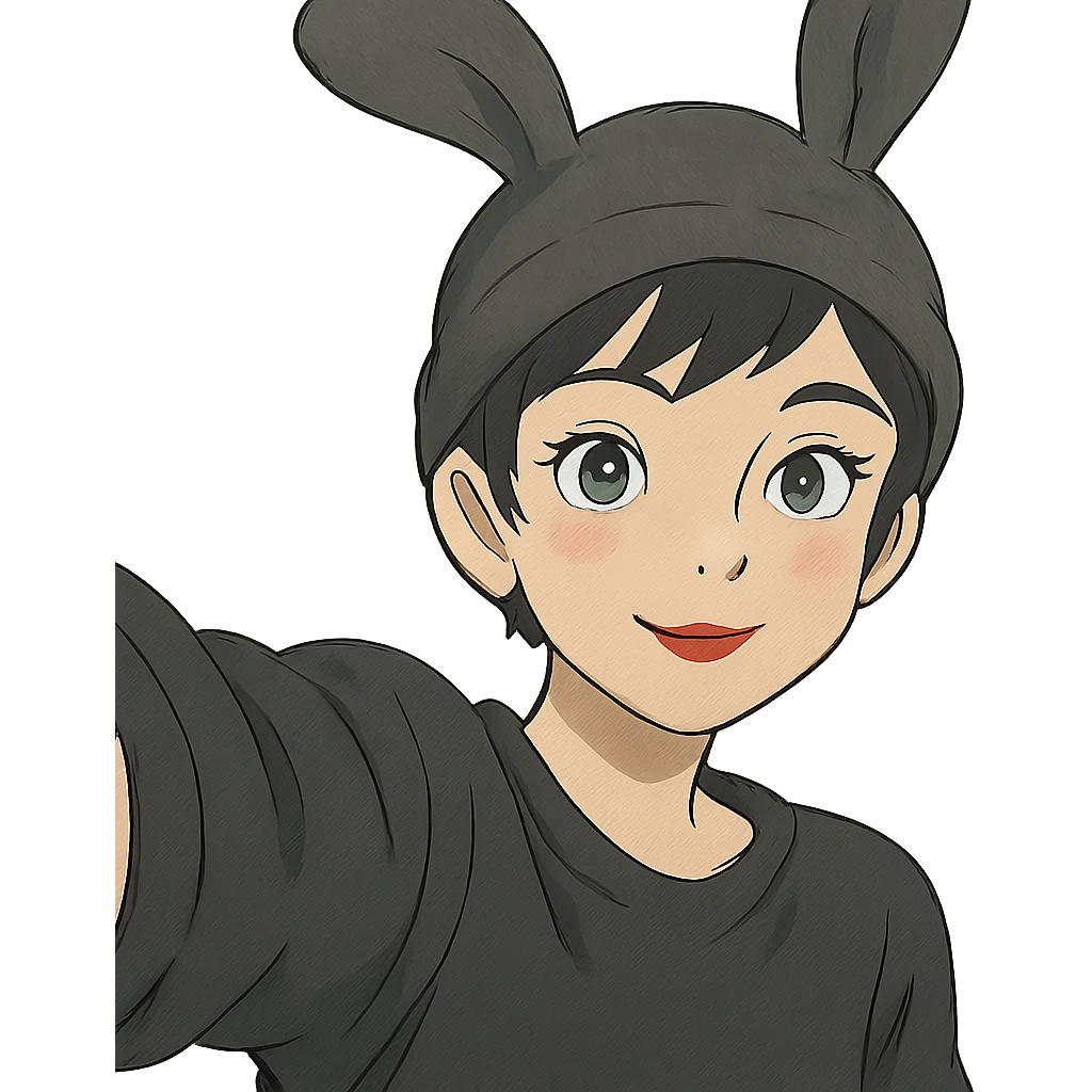 1 female, gothic pixie with a bunny ears beanie cute selfie  emoji