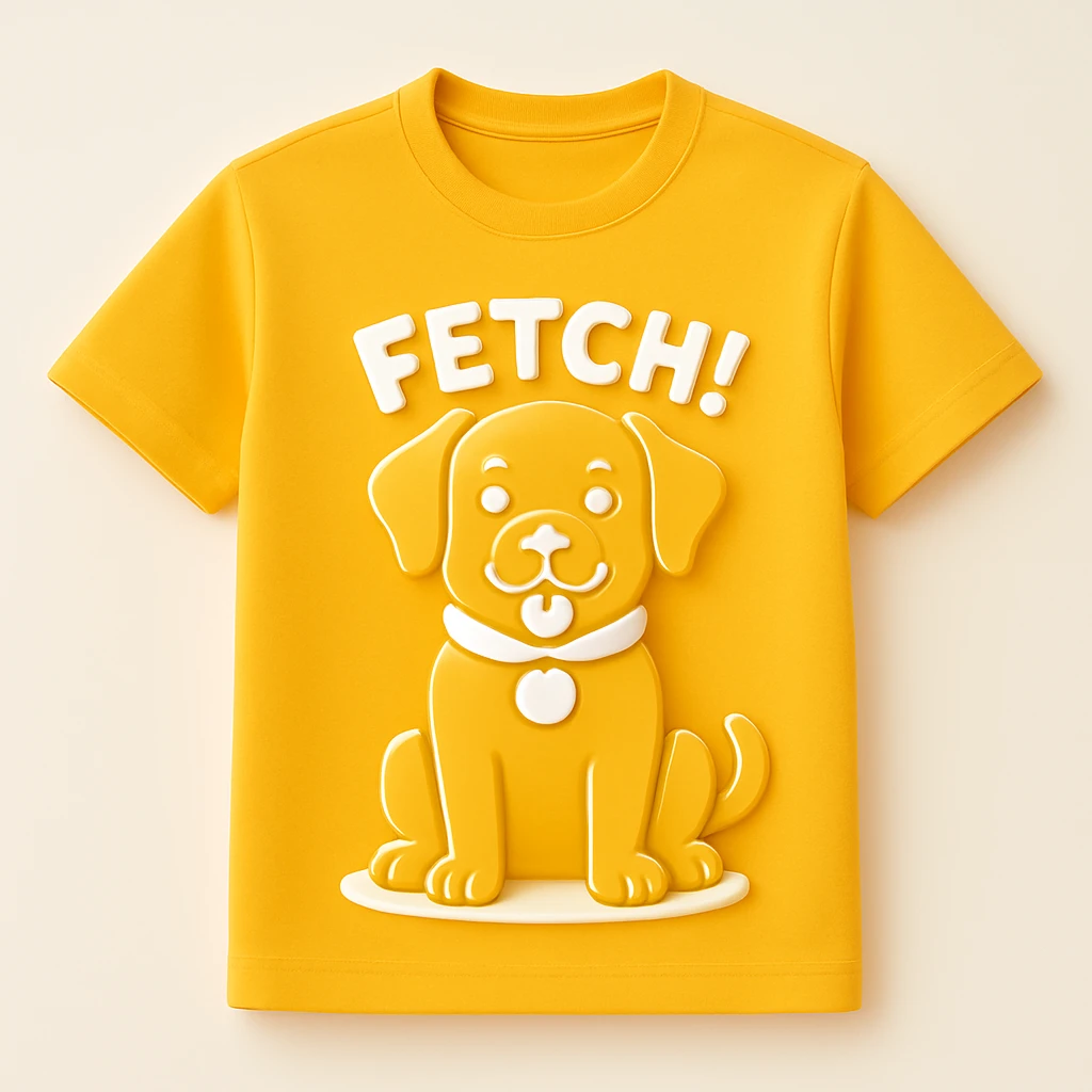 Place the black labrador retriever graphic on a yellow t-shirt, maintaining a modern graphic style with vibrant and clean 3D yellow tones and details. emoji
