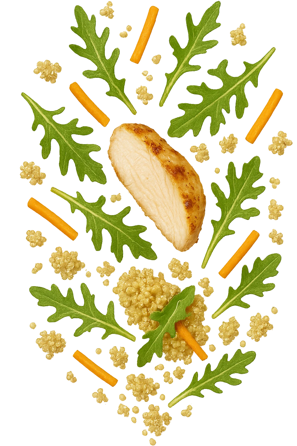 EMOJI STILE IPHONE DI Insalata di quinoa e pollo con rucola e carote che cade verticalmente dall'alto, iperrealistica 4k emoji