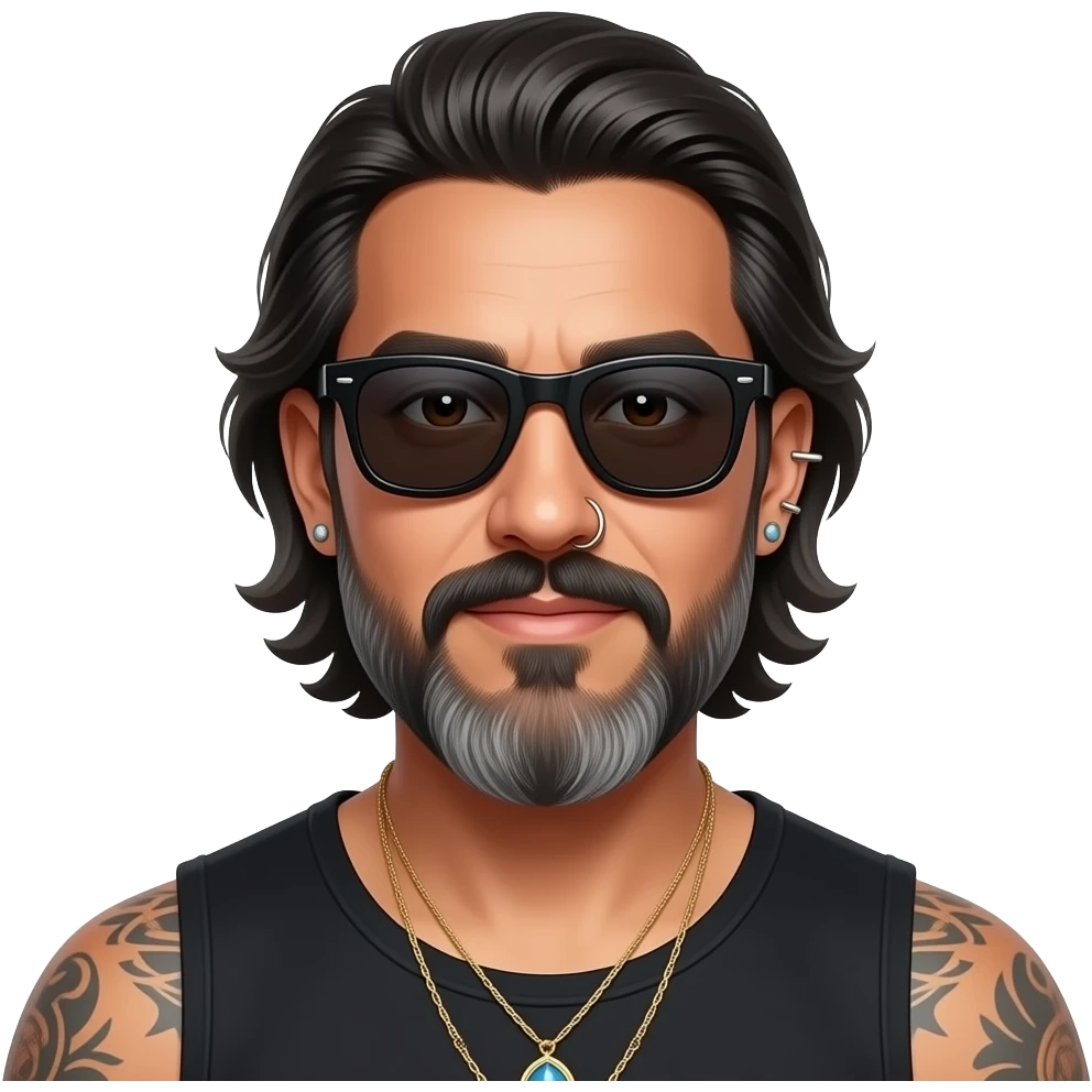 The handsome manly Latino podcast host with medium length hair, a long slightly graying beard and tattoos with his ears pierced 1 time each ear and a nose ring on the right side, dark brown eyes, wearing black, dark sunglasses, and jewelry, posing for a photo shoot emoji