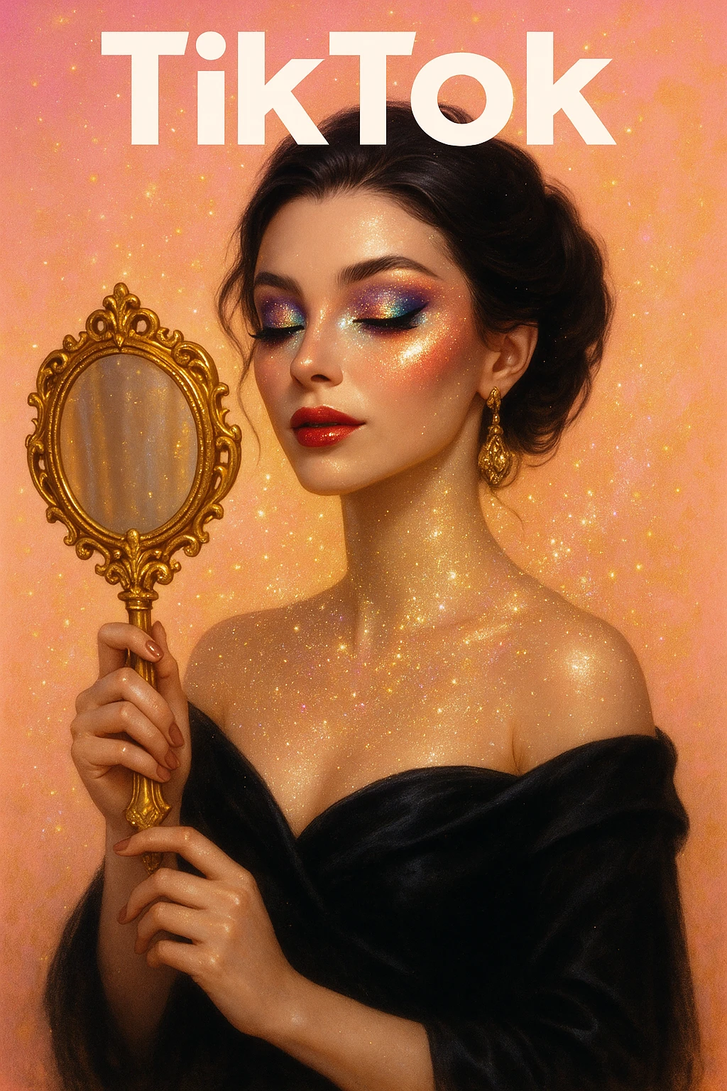 mysterious elegant woman, glowing skin, magical makeup, sparkling powder, golden mirror, pastel pink and gold, TikTok cover style emoji