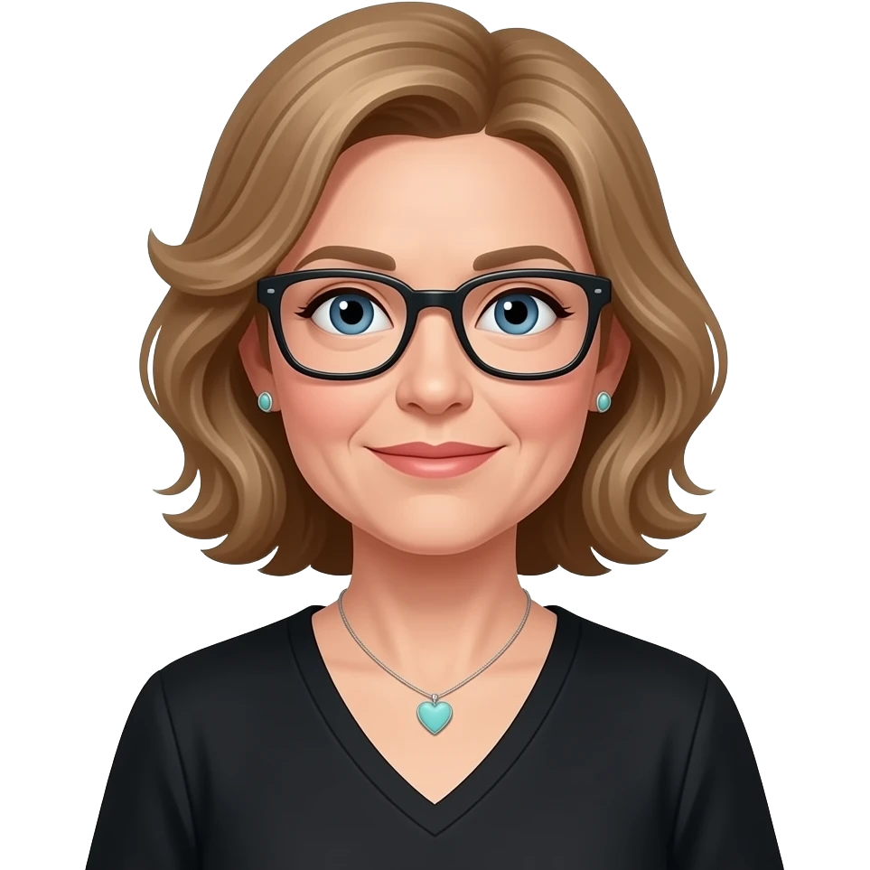 AJM - woman, blue eyes, mid 40's age, earrings, light brown hair, rectangular glasses, shoulder length wavy hair, small tiffany heart necklace, black v neck emoji