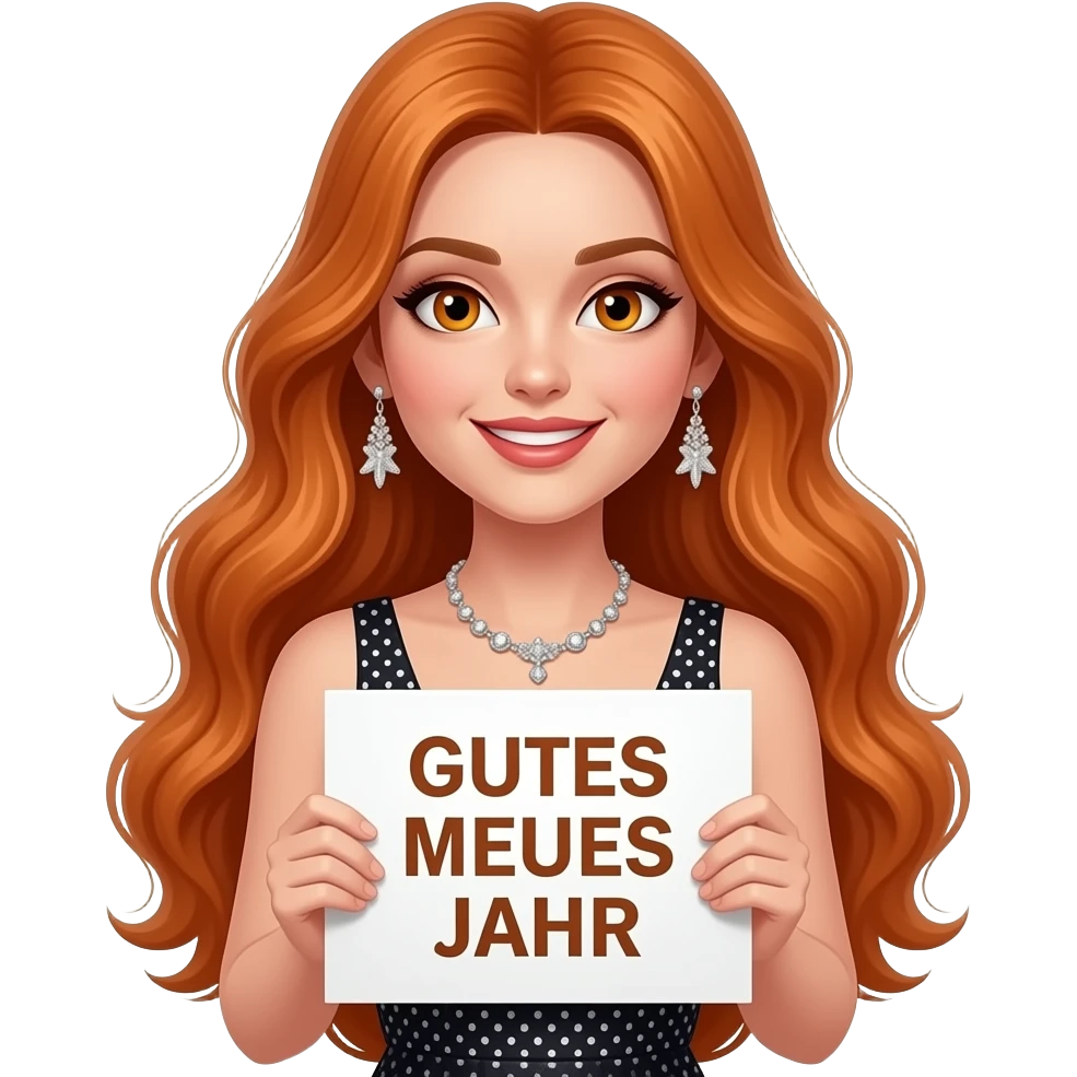 sexy girl with overlong ginger hair and ginger eyes wearing a new years eve dress holding a GUTES NEUES JAHR sign emoji