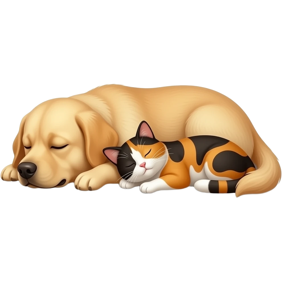 A golden Labrador and a tabby cat  (dark brown/black, orange, and white fur) sleep together emoji
