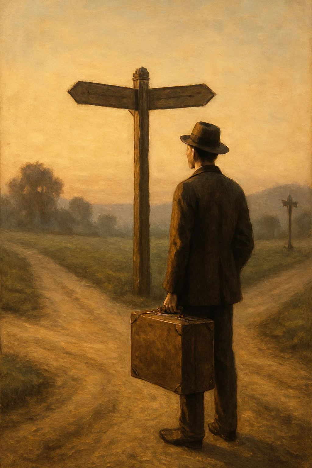 a lone traveler in vintage clothes, standing at a crossroads, contemplating his path, symbolic, dawn light, early 20th century emoji