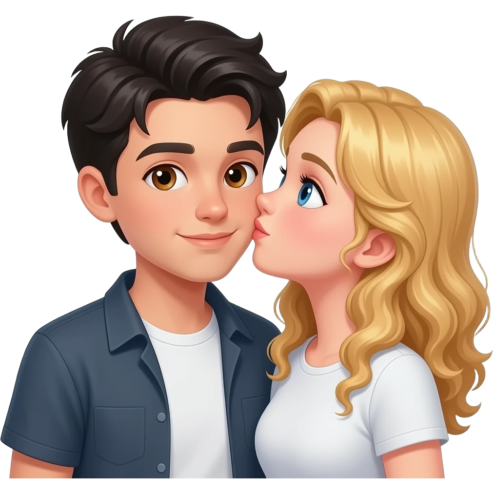 Chica rubia de ojos azules y pelo rizado da un beso a chico con pelo negro y ojos marrones emoji