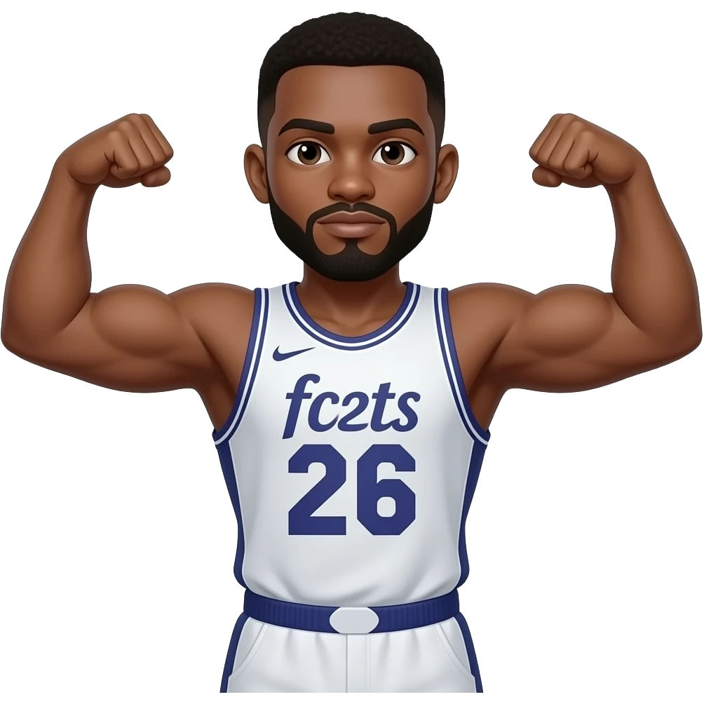 Black man with goatee double arm flex wearing fc26 tots jersey  emoji
