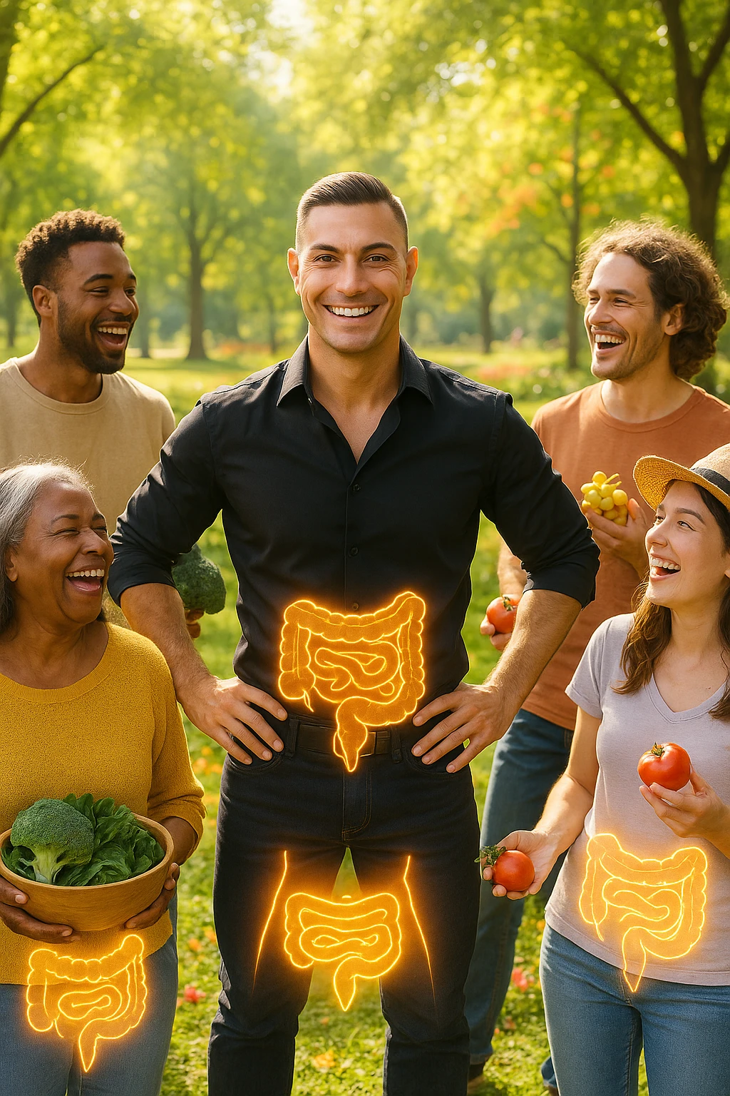  a smiling man stands at the center of a group of diverse, happy people in a bright park. Everyone has a subtle, glowing outline around their abdominal area, symbolizing a healthy gut. The group is laughing, sharing fresh fruits and vegetables, and the atmosphere is vibrant and full of energy. emoji
