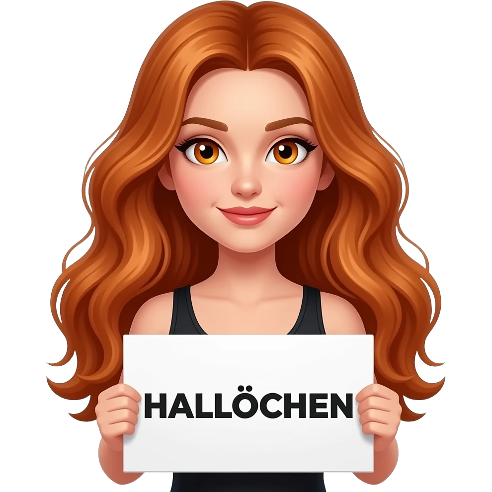 sexy girl with long wavy ginger hair and ginger eyes wearing a black tanktop is holding a white sign with HALLÖCHEN written on it emoji