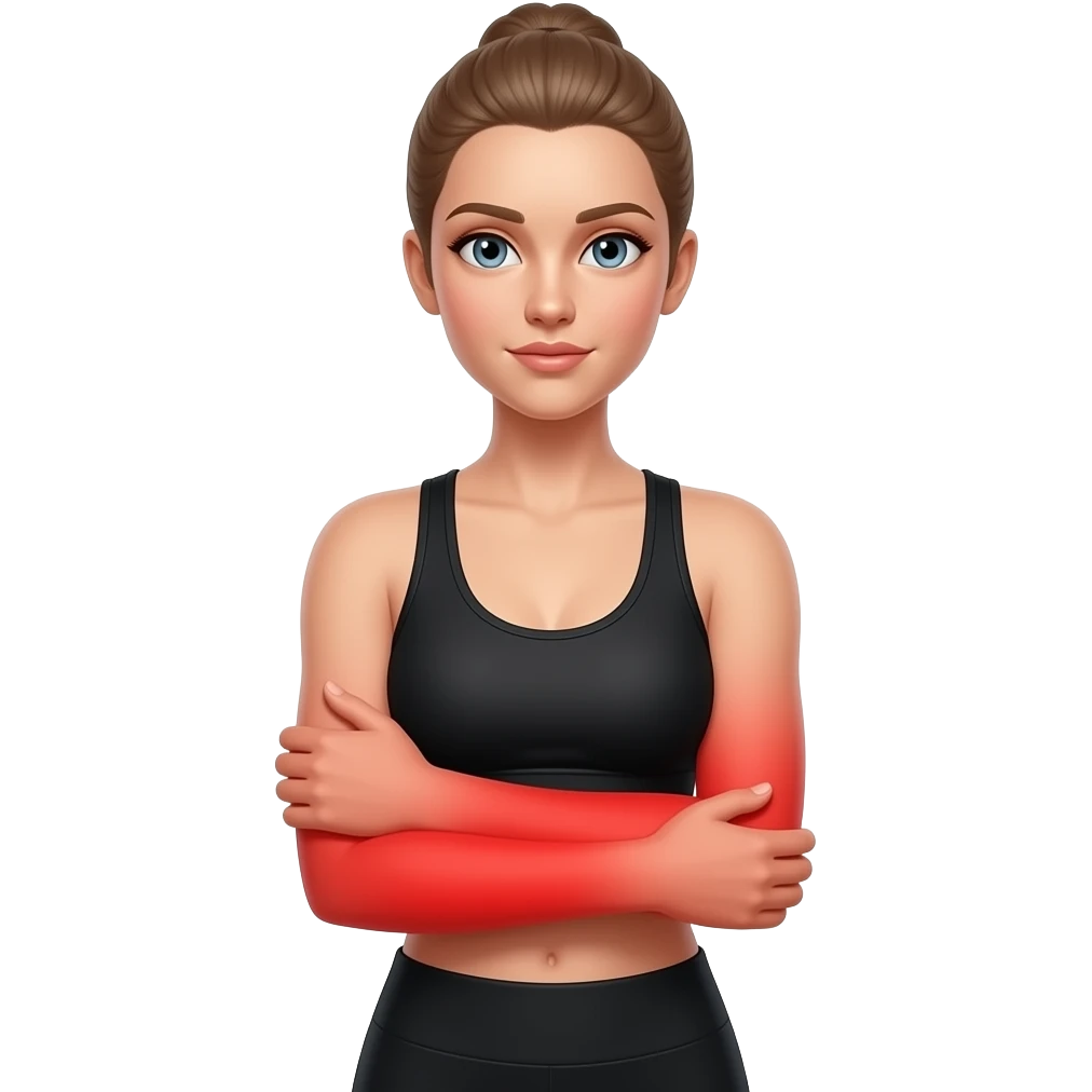 arm pain, full red glow covering both arms from shoulders to hands, woman holding one arm, fair-skinned woman, gray-blue eyes, ash brown brows, ash light brown hair tied back, slim athletic body, black workout set emoji