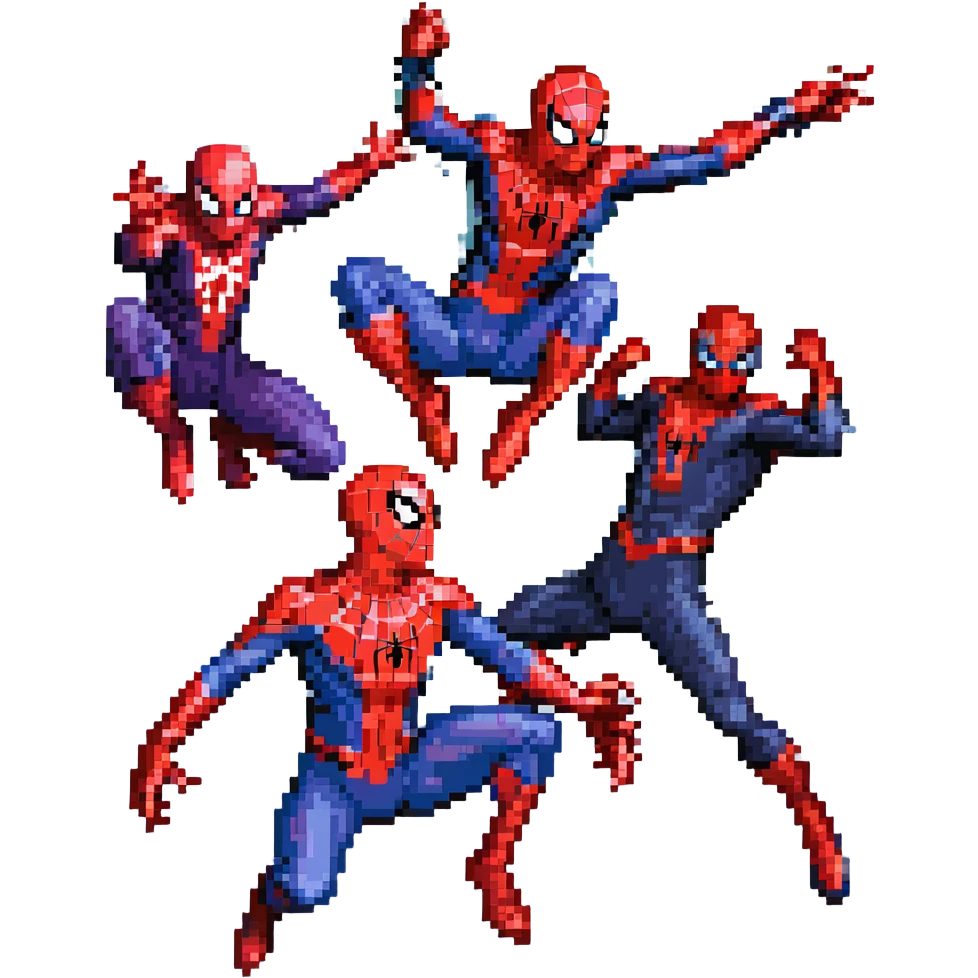 pixel art of three Spider-Mans in action each with distinctive suit Tobey Maguire red-blue web-shooter, Andrew Garfield red-blue agile, Tom Holland red-black swinging, all using webs fighting together emoji