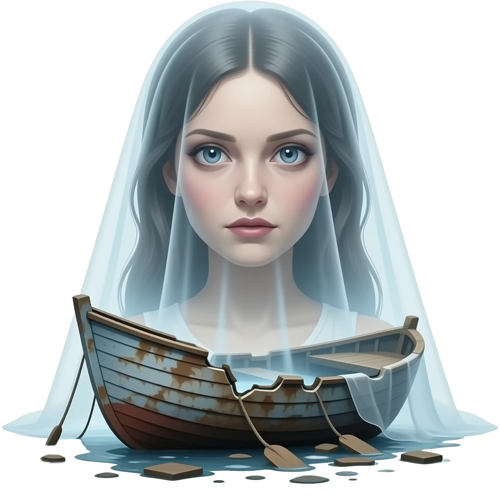 cinematic surreal- a broken boat with a terrifying female apparition around which a transparent veil flutters hovers emoji