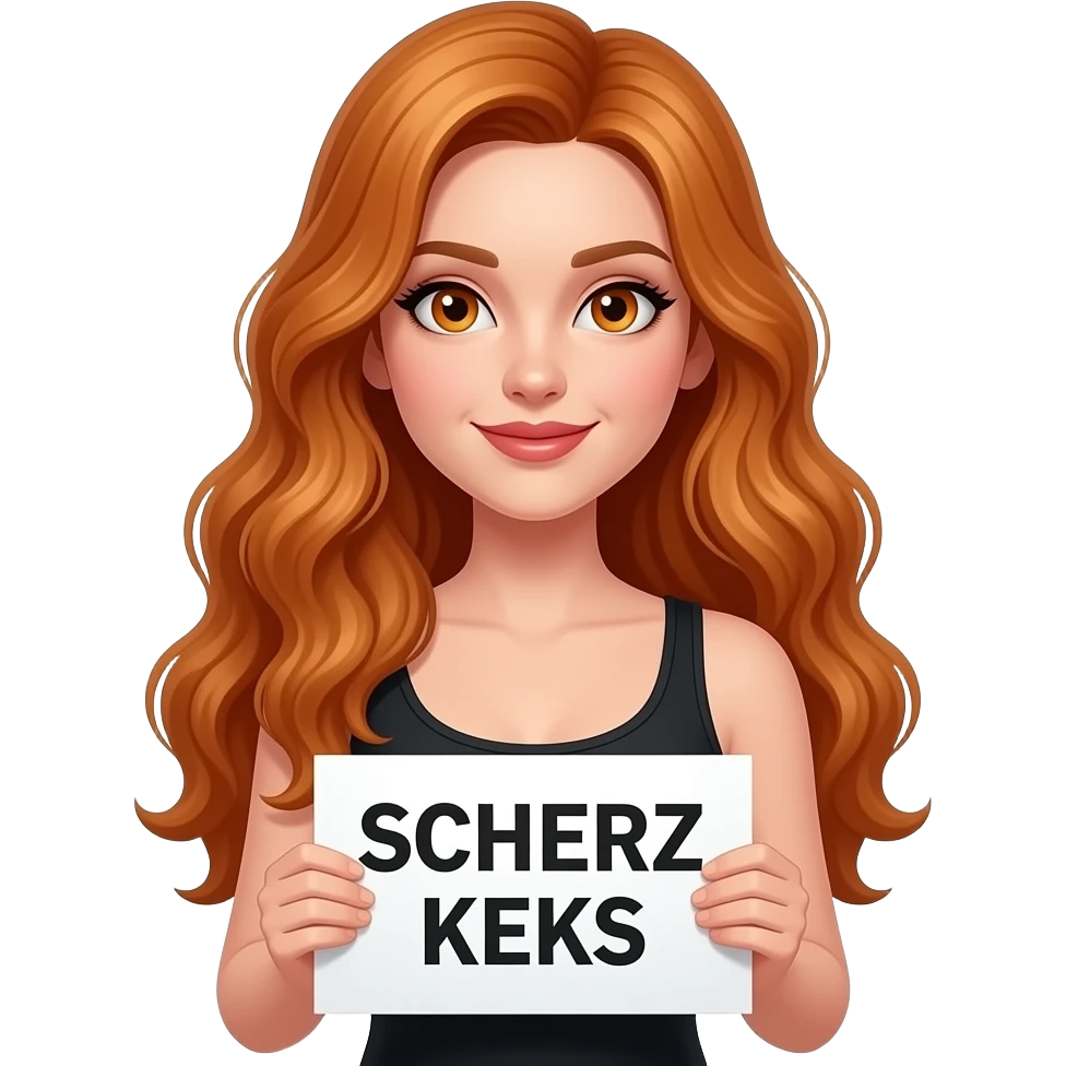 sexy girl with long wavy ginger hair and ginger eyes wearing a black tanktop is holding a white sign with SCHERZ KEKS written on it emoji