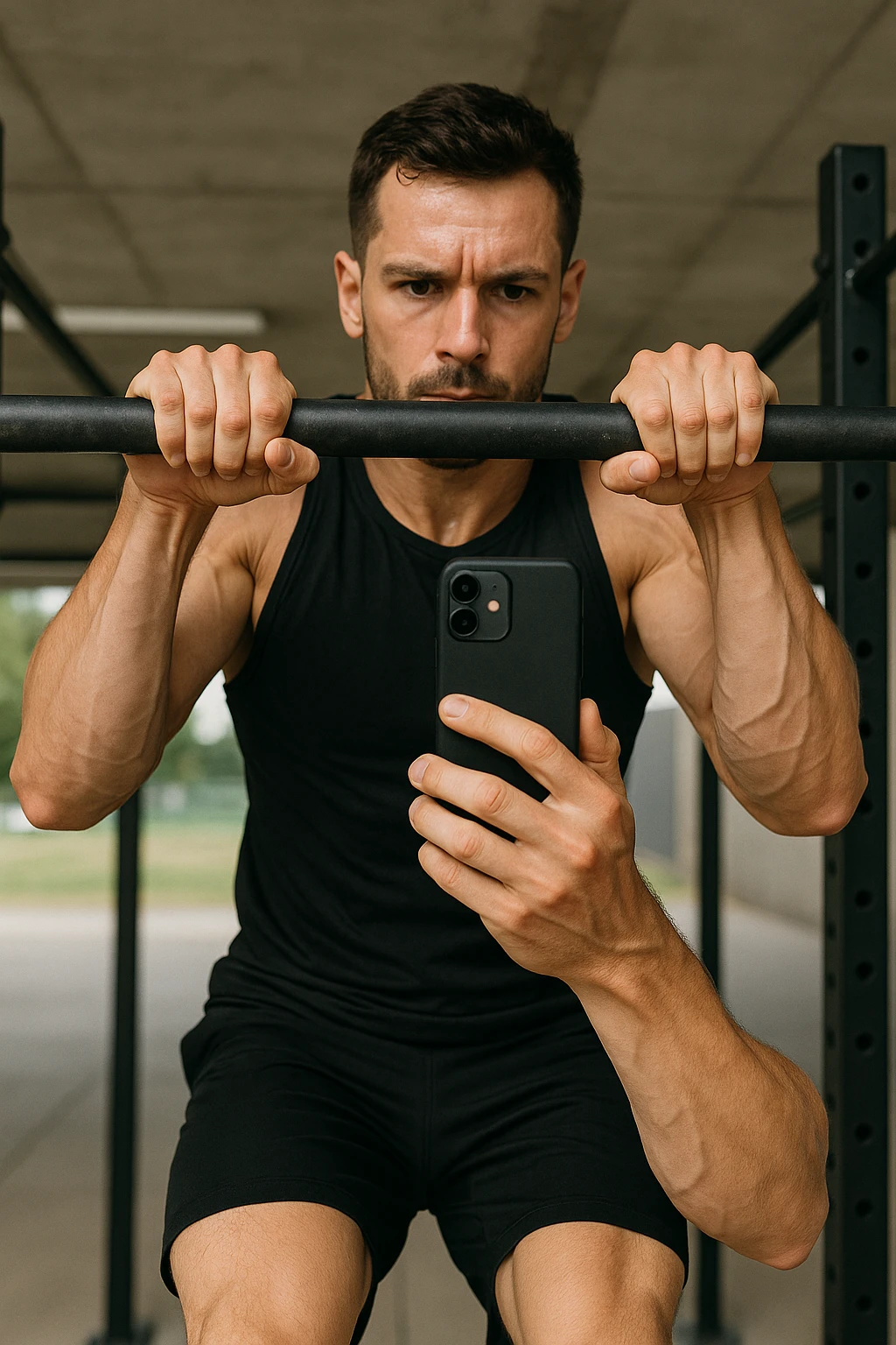 uomo che fa Muscle up e si sta filmando davanti con il telefonino per vedere la sua posizione dei gomiti e delle mani sulla sbarra emoji