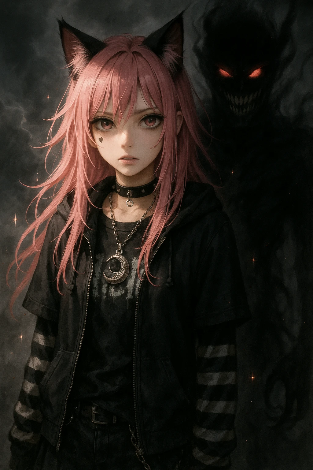 realistic anime catgirl with pink hair, emo streetwear, heart tattoo under left eye, dark magical accessory, sparkles, stormy background, shadow demon horror look with shadowy face, glowing red eyes, sharp teeth emoji