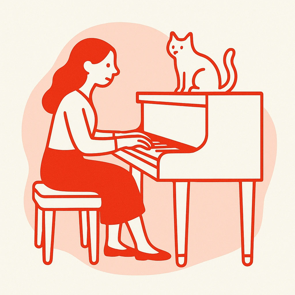 woman playing piano while her cat sits on top of the piano emoji