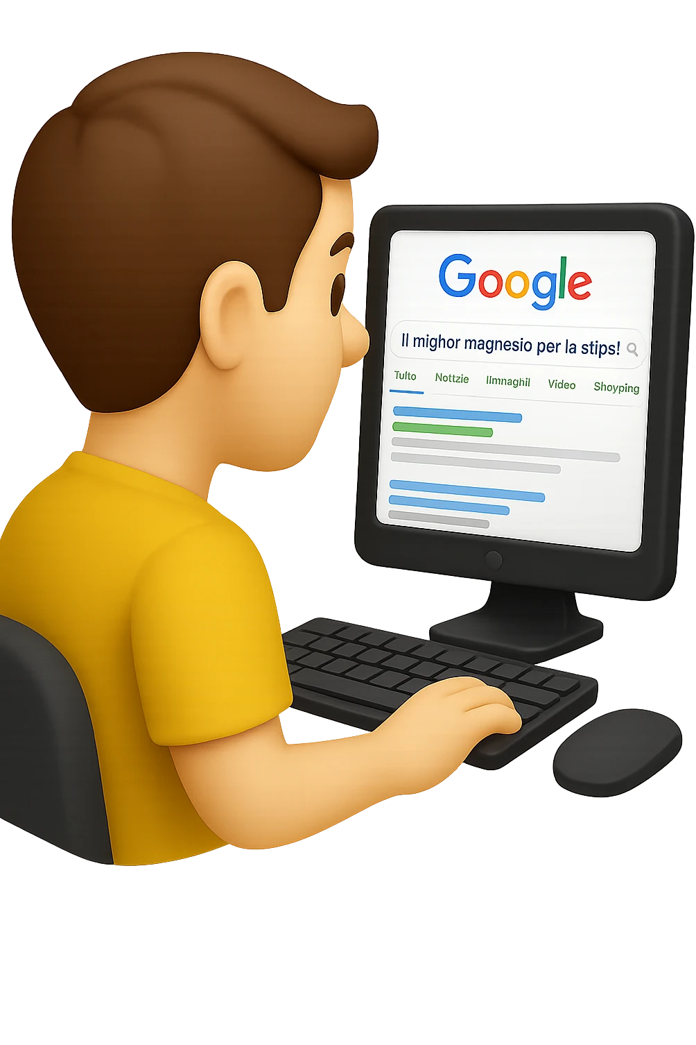 emoji stile iphone di un uomo davanti al pc che cerca di google: "Il miglior magnesio per la stipsi", iperrealistico 4k emoji