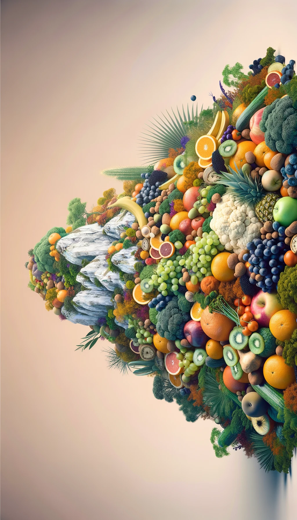donna che mangia una montagna di frutta e verdura, SFONDO molto CHIARO NEUTRO, colori realistici, iperrealistico 4k emoji